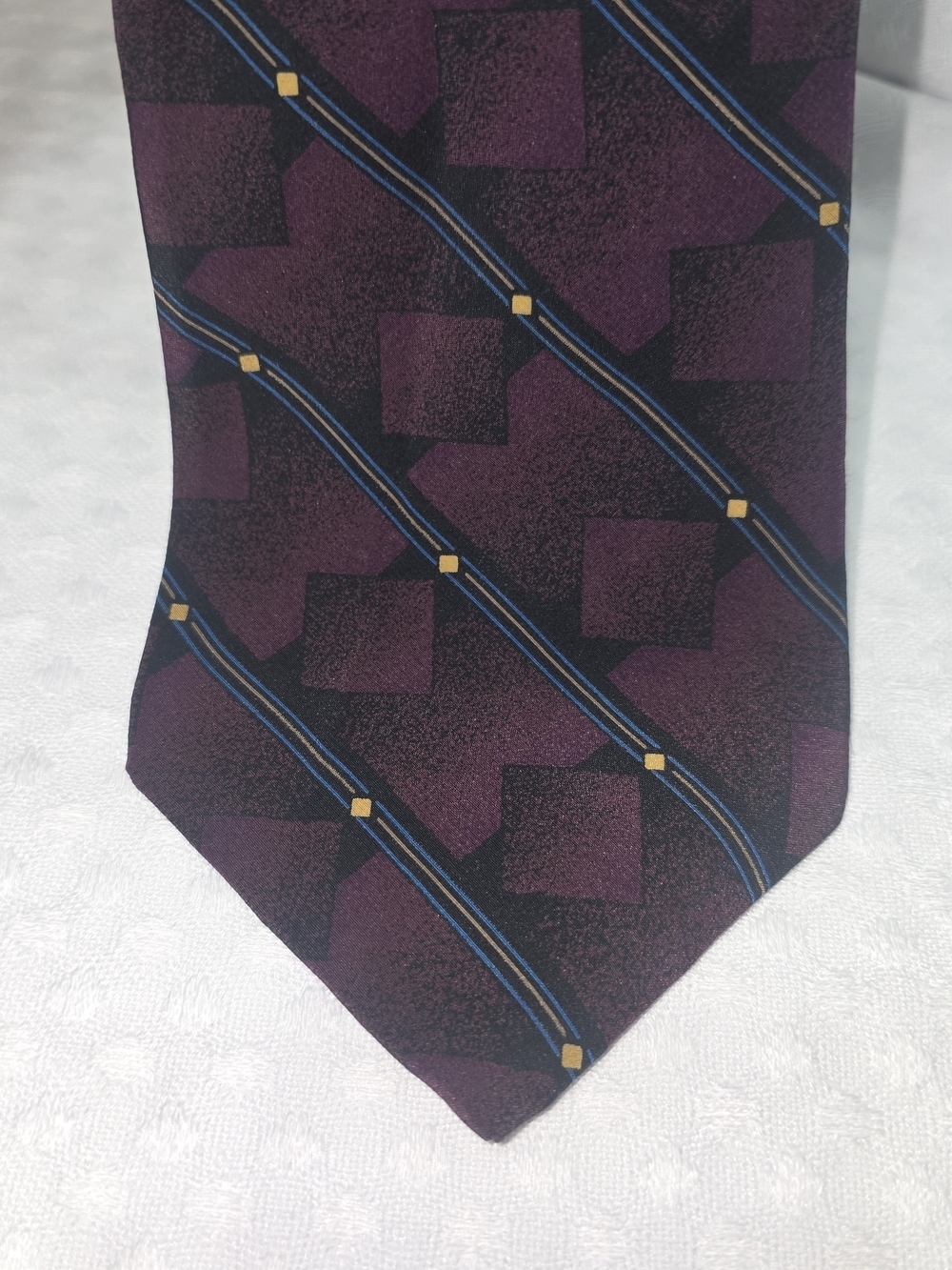Bugatti Deep Plum Tie with Navy and Gold Stripe Accents 100% ITALIAN SILK